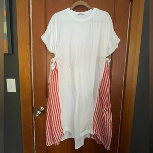 Boho White Tee Dress with Red Stripe Side Panels